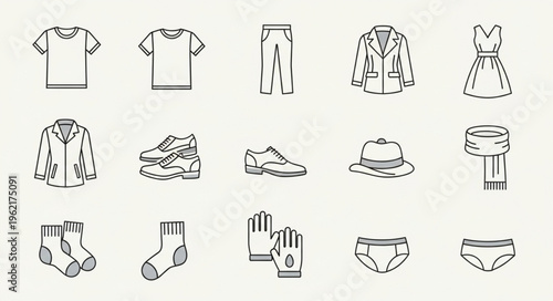 Clothing Icons - T-shirt, Pants, Jacket, Dress, Shoes, Hat, Scarf, Socks, Gloves, Underwear.