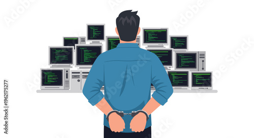 A man with handcuffed hands stands in front of multiple computer monitors displaying code.