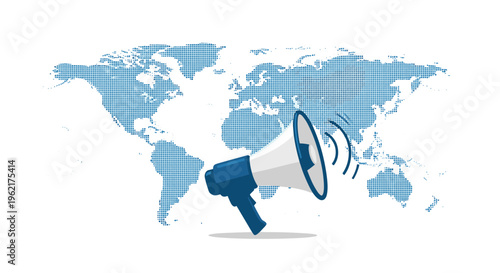 A blue and white megaphone with sound waves is placed over a dotted world map on a white background.