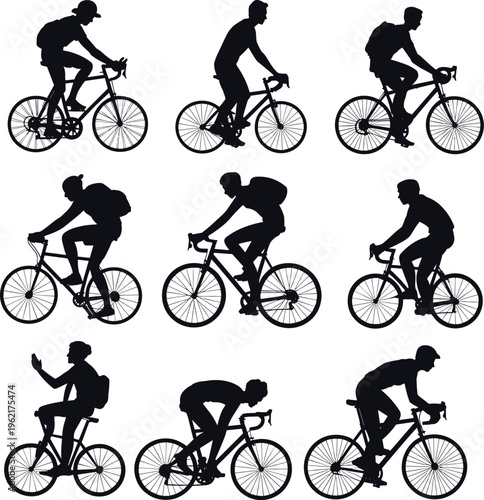 Cyclist silhouettes riding bicycles in various poses, urban commuting and sport activity concept, cycling lifestyle, fitness training, isolated black figures on white background
