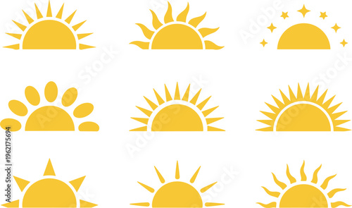 Sun icons vector set, sunrise and sunset symbols collection with rays shapes design
