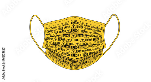 A bright yellow pleated surgical mask covered with repeating ERROR text and warning triangle icons is displayed on a white background.