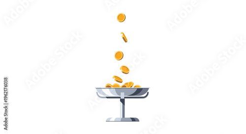 Multiple gold coins are actively falling into a silver bowl resting on a pedestal against a clean white background.