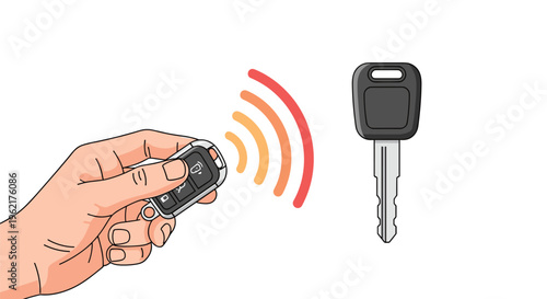 A cartoon hand holds a black car remote emitting orange and red radiating waves towards a separate grey car key.