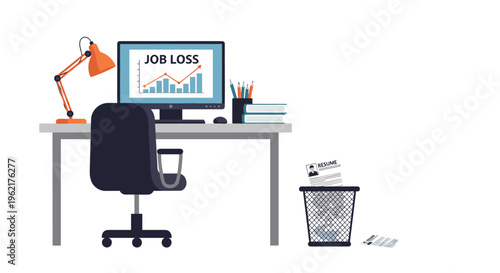 An empty office desk with a computer displaying a JOB LOSS graph, an orange lamp, a chair, books, and a trash can with a resume.