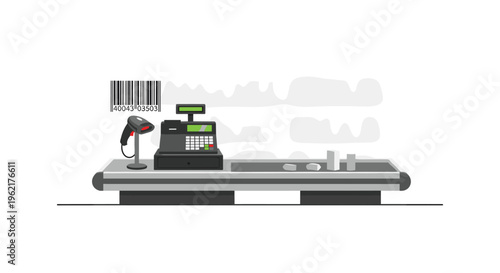 A black cash register and scanner are positioned on a grey conveyor belt with a floating barcode against a light grey background.