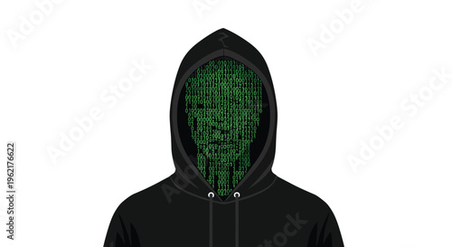 A shadowy hooded figure, shown from the chest up, has a face entirely rendered in flowing green binary code.