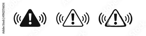 Audible Warning Exclamation Mark Triangle Icon Set with Radiating Waves - Alarm Symbol