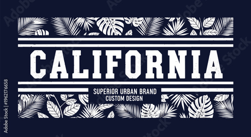 Modern Text Design with Palm Leaves against Navy Blue Background ideal for branding, apparel design, and social media graphics.