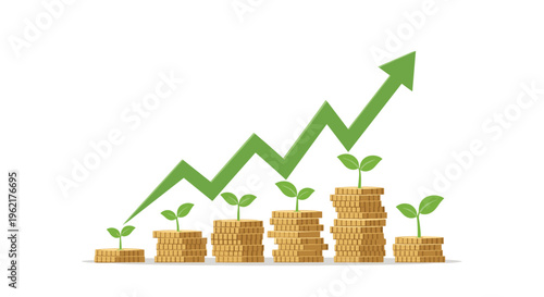 Six progressively taller stacks of golden coins with green sprouts form an ascending bar chart with an upward-pointing green arrow.