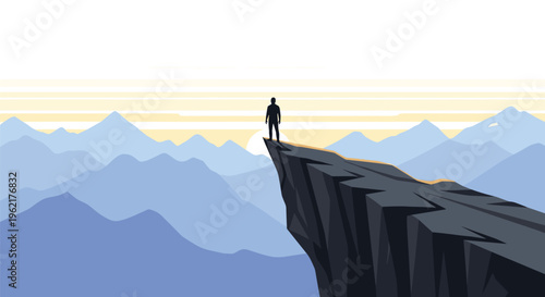 A lone human silhouette stands on a wide, flat cliff edge looking towards a setting sun over layered blue mountains.