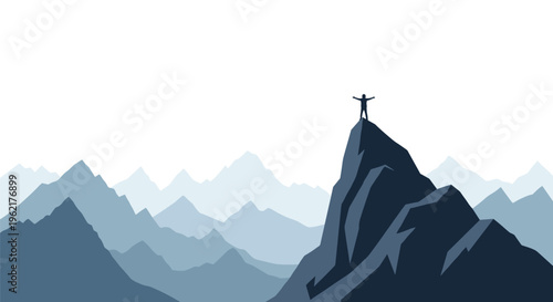 A solitary human silhouette stands with outstretched arms on a jagged mountain peak overlooking a vast range of layered mountains.