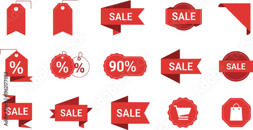 Red Sale and Discount Tags, Banners, and Badges Set for Online Stores, E-commerce, and Shopping Websites