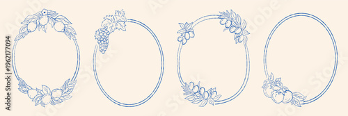 Italy summer vintage  frames set. Vector illustrations in ink line doodle sketch. Oval, arch with elements of lemons, olives, tomatoes, grapes. Vector travel summer engraving emblem, placard or poster