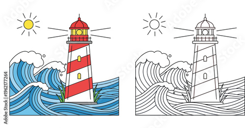 Lighthouse with Ocean Waves and Sun Illustration Set, Colored and Line Art Version for Coloring Book, Nautical Beacon Vector Graphic for Kids and Maritime Design