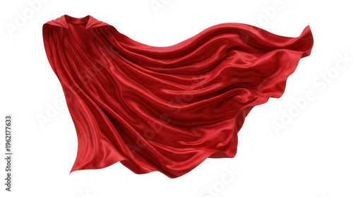 Flowing red silk superhero cape waving in the wind, shiny fabric texture. Isolated on transparent background, png