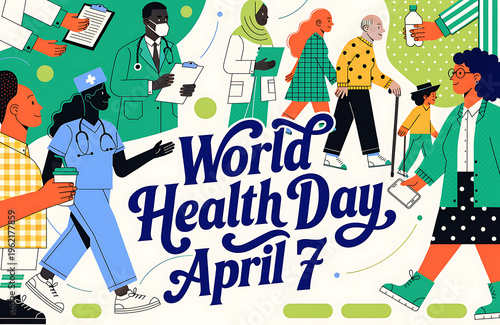 cartoon doctors text-April 7: World Health Day poster.