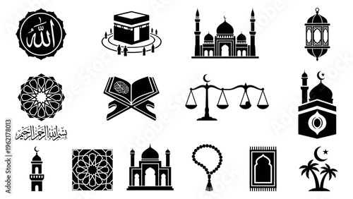 Collection of Islamic symbols and icons representing various aspects of Muslim faith and culture.