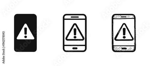 Mobile Phone with Warning Sign Icon Set for Smartphone Error or Alert Notification