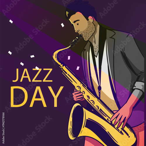 Illustrated man playing a golden saxophone on stage, celebrating International Jazz Day with vibrant purple lighting and artistic musical expression.
