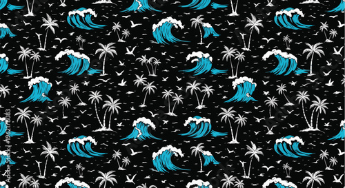 Vibrant Pattern with Tropical Elements against Black Background ideal for website backgrounds, textile design, and summer promotions.
