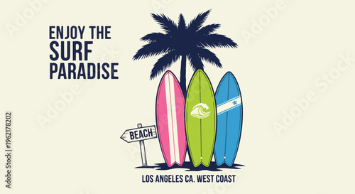 Vibrant Surfboard Design with Detailed Graphics against a neutral background is a concept for travel brochures, website banners, and social media posts.