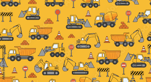 Vibrant Vehicles Pattern with Detailed Elements ideal for construction company branding, children's book illustrations, and website backgrounds.