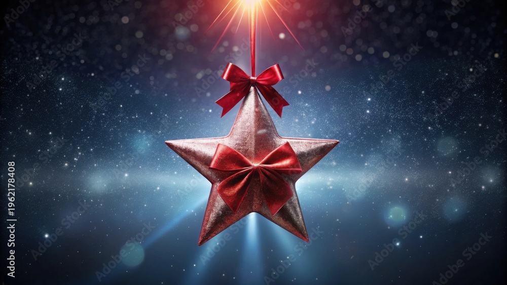 Obraz premium A Sparkling Silver Star Ornament with Red Bows Dangles from a String Against a Shimmering, Dark Blue Background, Illuminated by Rays of Light