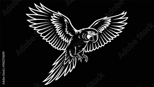 Parrot silhouette in flight on black