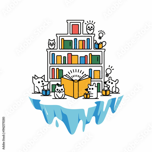 Cats Surrounding Open Book on Floating Iceberg with Bookshelf
