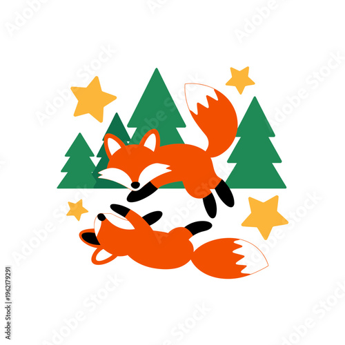 Two Orange Foxes Jumping in Forest with Stars