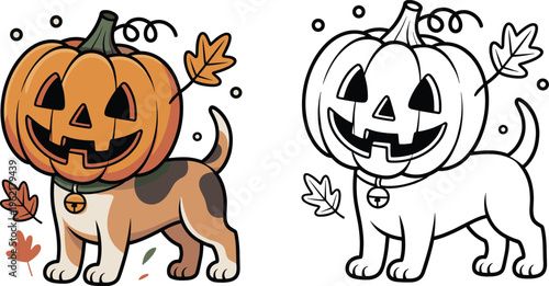 Cute Dog Wearing Pumpkin Costume With Fall Leaves, Outline Version, Stock Illustration