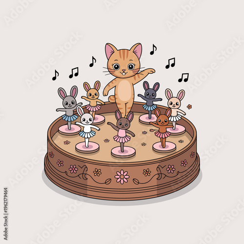 Cartoon Orange Cat Ballet Dancer on Stage with Rabbits