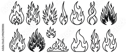 Set of black and white fire icon collection with flame tattoo element.