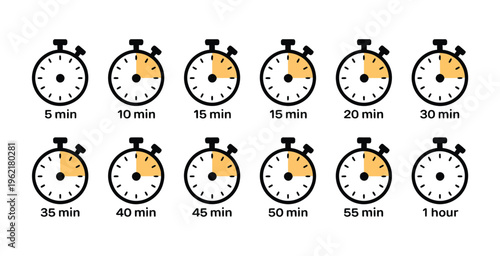 Analog Clock Icon Set – Time Intervals from 5 Minutes to 60 Minutes