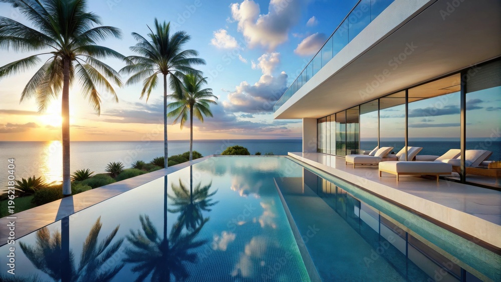 Fototapeta premium Luxury oceanfront residence with infinity pool and sunset views