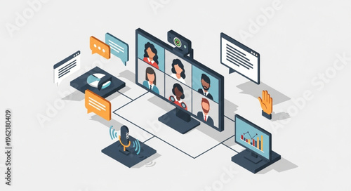 Isometric Illustration of a Virtual Meeting with Multiple Participants on a Large Screen.