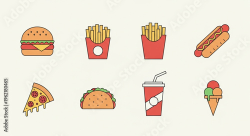 Assortment of Fast Food Icons - Burger, Fries, Hotdog, and More.