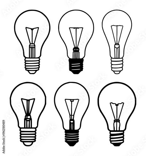 Lightbulb set with continuous one-line drawing on solid white background featuring vector, silhouette, filament with monochrome and modern