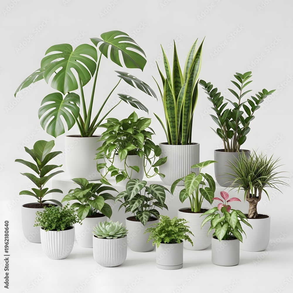 Fototapeta premium A group of potted plants on a white surface