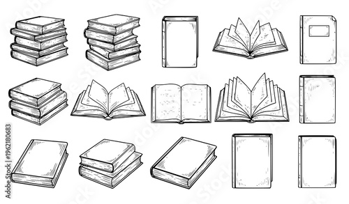 Hand drawn book collection with stack open book and top view sketch black white vector illustration