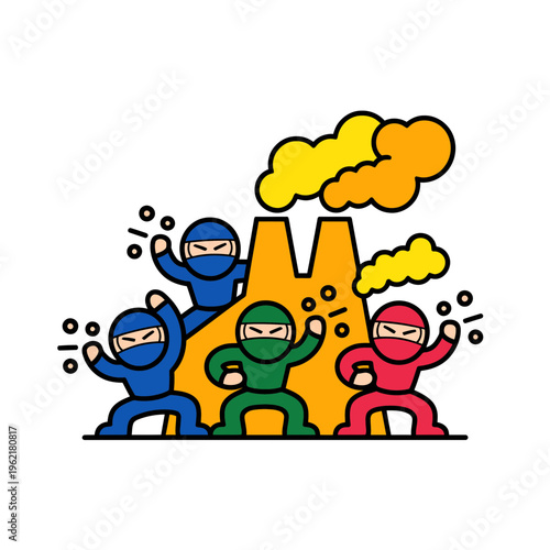 Ninjas Fighting in Front of Burning Building