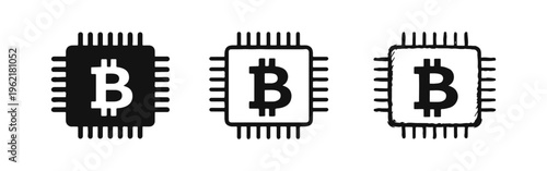 Bitcoin CPU Chip Icon Set - Cryptocurrency Mining, Digital Money, and Blockchain Technology Symbols.