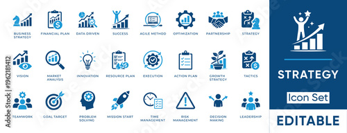 Strategy icon set. Business strategy, market analysis, financial plan, risk management, leadership and innovation. Solid vector icons collection.