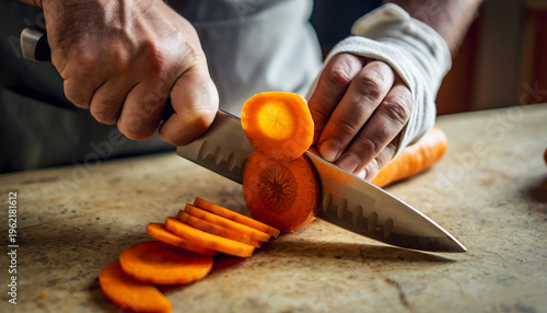 High-End Culinary Macro of Hands Slicing Fresh Carrot with Natural Kitchen Lighting