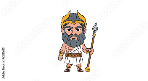 Stylized cartoon depiction of a formidable deity with spear and regal crown