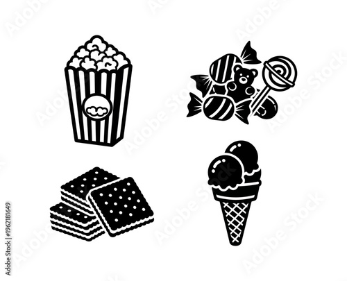 Collection of stylized black and white icons representing popular snacks and treats like popcorn, candy, crackers, and ice cream, suitable for various design uses