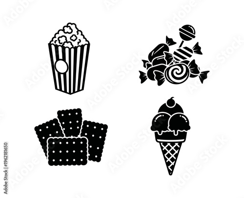Set of icons featuring popcorn, candy, crackers, and ice cream, representing snacks and treats for various occasions