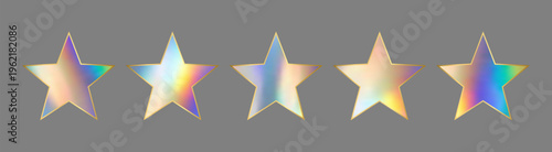 Realistic five thin holographic star with gold outline. 5 elements with foil effect for award, medal, rating designation, hotels status. Customer feedback, review. Isolated Vector EPS10