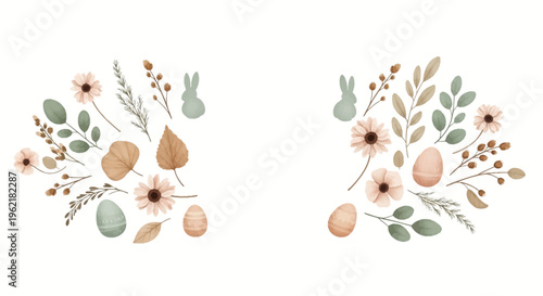 Easter-themed floral illustration with eggs and bunnies in pastel colors on a white background for decoration and celebration